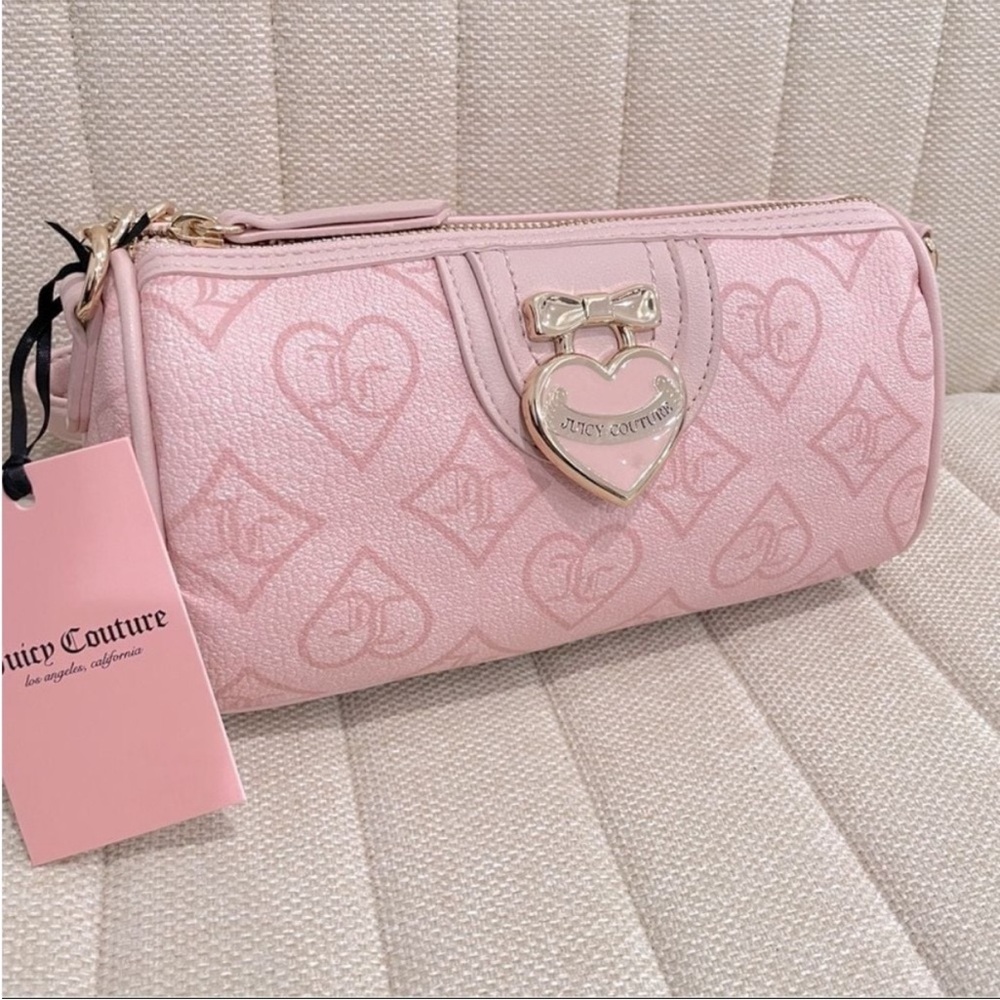 NEW Juicy Couture Precious Moments Pink Monogram Heart Barrel Crossbody Bag Gold